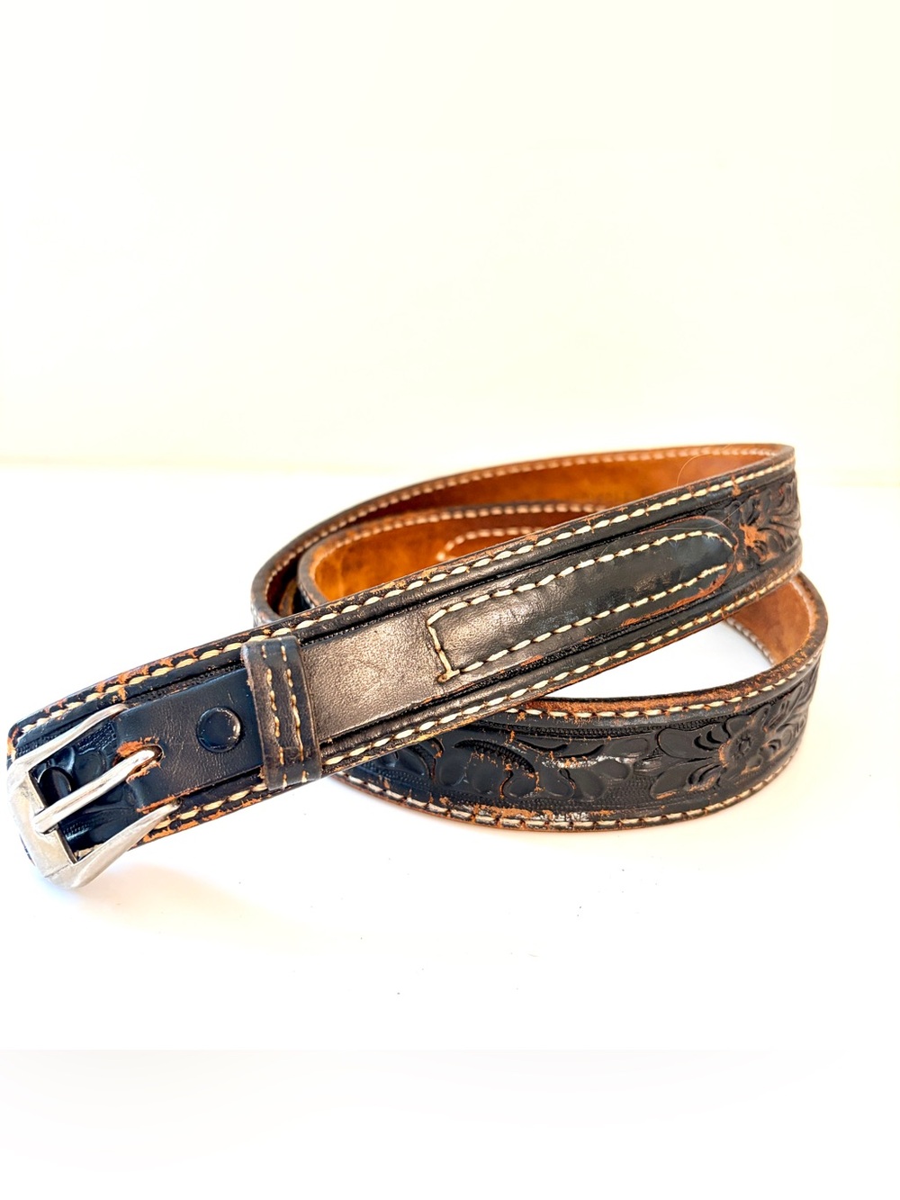 Vintage Circle Y Leather Western Belt 36 Black Floral Hand Tooled Distressed